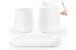 BosilunLife White Bathroom Accessory Set - 3 pcs Ceramic Bathroom Soap Dispenser Set Farmhouse Bathroom Decor Sets Accessories, Soap Dispenser and Toothbrush Holder, Tray (White Set - Liquid Pump)