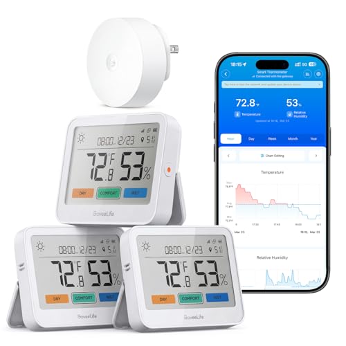 GoveeLife WiFi Thermometer Hygrometer 5-in-1, Large LCD 3-Pack with Gateway | Temperature and humidity monitor with weather station, remote sensor, indoor thermometer for home baby room greenhouse
