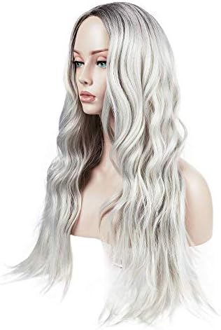 DAOTS 28’’ Ombre Silver Gray Wigs Long Wavy Wig Dark Root Grey 2 Tones for Women Girls Curly Middle Parting Hair Wigs No Bangs
