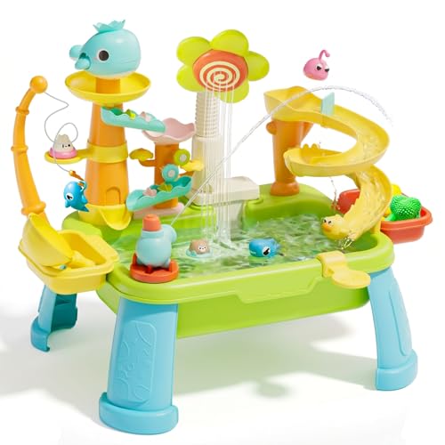 SwinKate Upgraded 4-in-1 Sand Water Table for Toddlers 1-3, Kids Sensory Table with Electric Water Pump & Sun Flower Faucet, Play Kitchen Sink with Food Accessories, Fishing Toy ‒ Adjustable Height