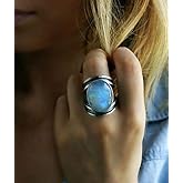 Kuyiuif Vintage Silver Ring Sterling Silver Moon Moonstone Ring for Women Gemstone Boho Jewelry Wedding Bridal Ring (US 6)