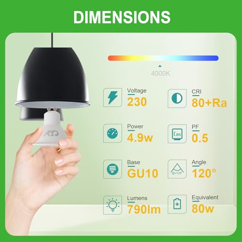 GY GU10 LED Bulbs, 4.9W (80W Equivalent), 790 Lumens, 4000K Neutral White, Energy Saving GU10 LED, Long Life, Low Consumption, 120° Beam Angle, Non-Dimmable, Pack of 10