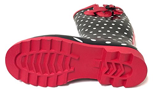 G4U Women's Rain Boots Multiple Styles Color Mid Calf Wellies Buckle Fashion Rubber Knee High Snow Shoes (8 B(M) US, Black/Red Polka Dots)