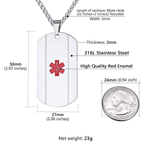 Supcare Custom Engraved Tag Necklace Medical Alert ID Jewelry Stainless Steel for Women/Men/Children, Free Engraving Medical Emergency Identification Dog Tag Necklace Jewelry