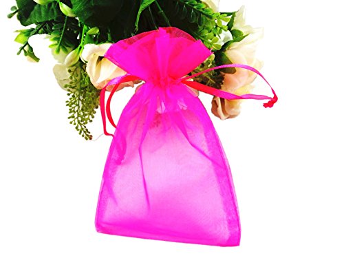 SumDirect 100Pcs 4x6 Inches Sheer Drawstring Organza Jewelry Pouches Wedding Party Christmas Favor Gift Bags (Hot Pink)