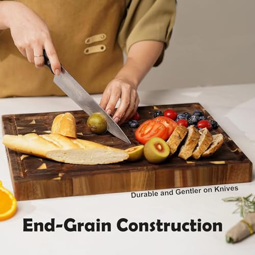 Tabla para picar cocina de madera 40 × 30 × 3 cm, con canal para jugos y asa, ideal para carne, verduras y frutas, diseño a cuadros, madera natural y dura, fácil de limpiar