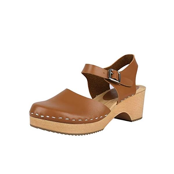 LAICIGO Women's Wood Clog Heeled Sandals Chunky Closed Toe Ankle Strap
