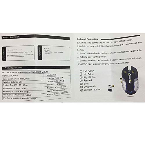 Rechargeable Wireless Mouse Silent 1600DPI 6 Buttons Breathing Blacklit Led Ergonomic Shape with AutoFire Keys (White)