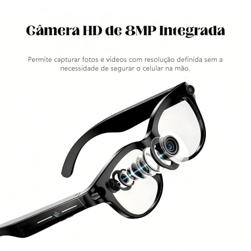 Óculos inteligentes com câmera 2MP, assistente virtual IA, tradução instantânea, reprodução musical, chamadas telefônicas, Wi-Fi 6 Bluetooth 5.4, bateria longa duração, carregamento USB-C
