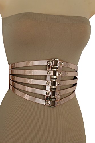 TFJ Women Fashion Wide Corset Belt High Waist Rose Gold Faux Leather Stretch Waistband S M
