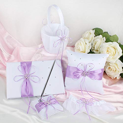 KANECH 5pcs Sets-Light Purple Satin-Wedding Flower Girl Basket and Ring Bearer Pillow Set (Ring Pillow + Flower Girl Basket + Wedding Guest Book +Pen Set + Garter Cover)