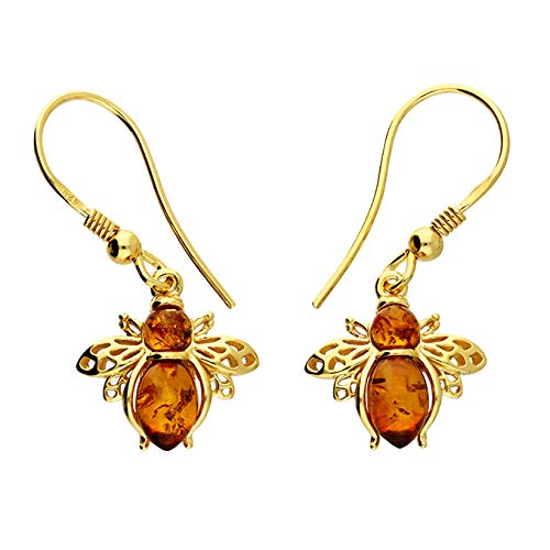 Kiara Jewellery Yellow Gold Plated 925 Sterling Silver Bee Fishhook Earrings Inset With Brown Baltic Amber.