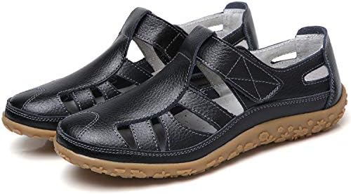 Women's Closed Toe Sandals Soft Leather Flat Casual Shoes Breathable Hollow Out Walking Shoes Ladies Summer Shoes
