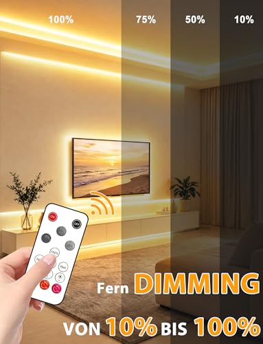 OYKYOHEI COB LED Strip, Warm White, Dimmable, 3 m LED Strip with Remote Control, 3000 K, Self-Adhesive, Waterproof Neon LED Strip, 10 mm Wide, Silicone Flexible Light Strip for TV, Bedroom, CRI90+