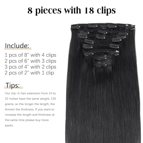 ABH AMAZINGBEAUTY HAIR Clip in Hair Extensions Human Hair Straight Clip in Extensions Full Head Clip in Remy Human Hair Clip ins Jet Black Color #1 Reusable Invisible 8Pcs 20 Inch 120 Grams