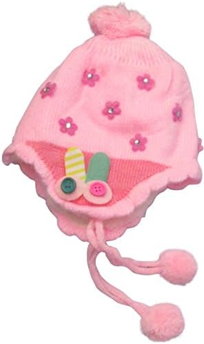 J.Ann Kids Flower Stone Beanie Cap With Insulating Warm Faux Fur, with bottons on the side and pompoms- Pink