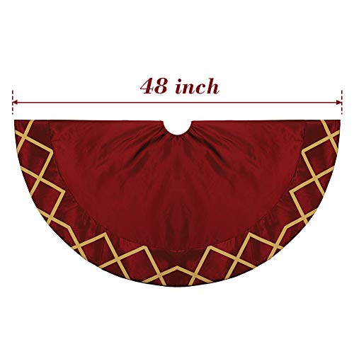 ExcMark 48 inch Burgundy Christmas Tree Skirt with Gold Plaids and Check Trim