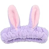 Chinshwehaw Women's Cute Rabbit Ears Makeup Fashion Plush Hairband Fashion Cute Fluffy Elastic Makeup Headband Hairband for Shower, Face Washing, Facial Mask, Spa, Cosplay, Party (Purple)