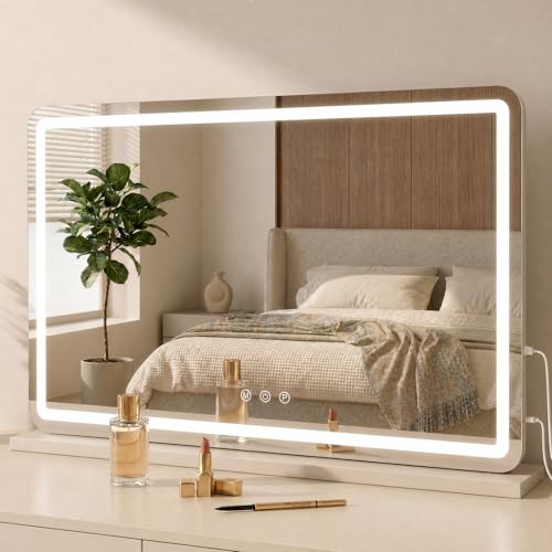 Vanity Mirror with Lights, 80 * 57CM Large Makeup Mirror with LED Lighted, Dressing Table Mirror with 3 Color Dimmable Lights, Touch Control, 5X Magnification for Wall & Desk Tabletop