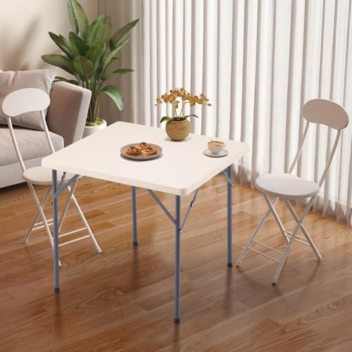 MOMENT Square Plastic Folding Table 88×88×75cm, Portable Foldable Lightweight Table HDPE Desktop with Steel Legs for Indoor Outdoor Camping Garden Picnic BBQ Party (White)