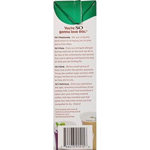 So Delicious Dairy Free Cashewmilk Beverage Unsweetened 32 oz (Pack of 6), Dairy Soy Coconut and Almond Alternative Unsweetened Milk Drink, Shelf-Stable Aseptic Packaging
