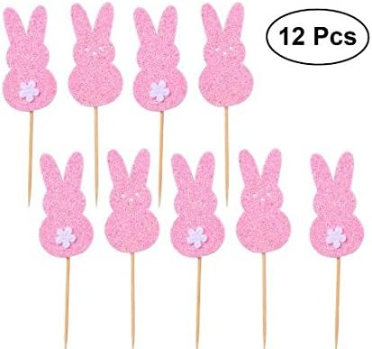 12pcs Cute Glitter Easter Rabbit Cake Picks Cake Toppers Cake Decorating Supplies for Easter Birthday Party Favors
