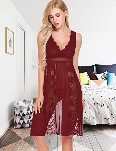 Avidlove Womens Sexy Long Red Lace Lingerie Nightdress Sheer Nightgown Chemise,Medium,Dark Red - Thumbnail 2