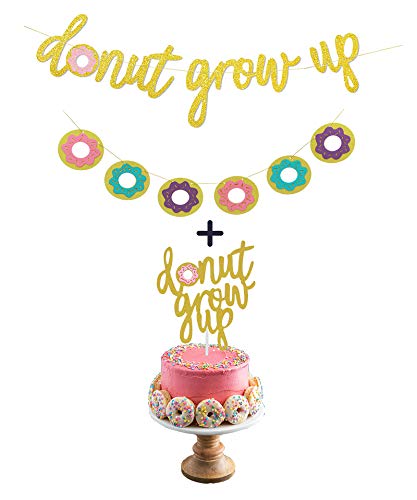 Donut Birthday Party Decorations Kit Gold Glitter Donut Grow Up Banners and Cake Toppers for Baby Shower Kids First Birthday Party Decorations