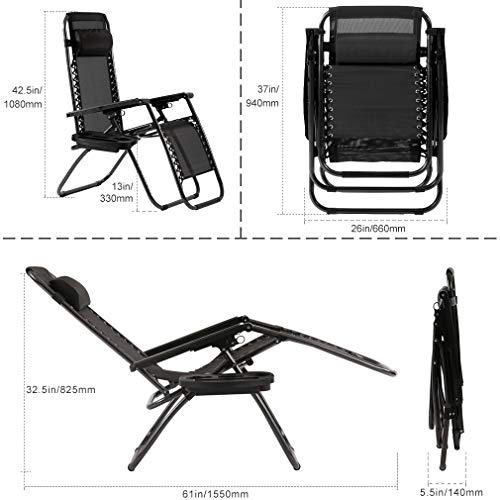 BMS Zero Patio Set of 2 Folding Outdoor Anti Gravity Lounge Reclining Camping Deck Chair with Pillow and Cup Holder （Black） - Thumbnail 6