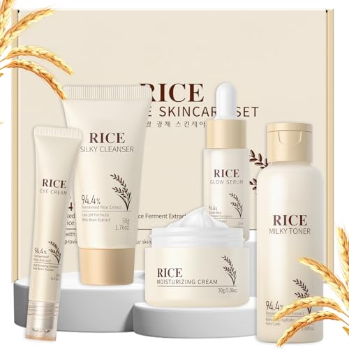 LAIKOU Rice Face Care, Pack of 5 Skin Care Women's Face Set, Travel Size Skincare with Facial Cleanser, Rice Toner, Eye Cream, Serum Moisturising Cream, for Daily Moisture & Care