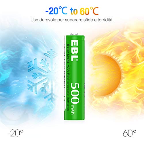 EBL AAA Batterie Ricaricabili, 1.2V 500mAh Ni-MH AAA Pile Ricaricabili per Luci Giardino Solari, Confezione da 20 pezzi
