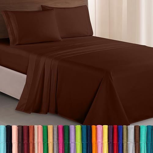 Elegant Comfort Luxurious 1500 Premium Hotel Quality Microfiber Three Line Embroidered Softest 4-Piece Bed Sheet Set, Wrinkle and Fade Resistant, Full, Chocolate Brown