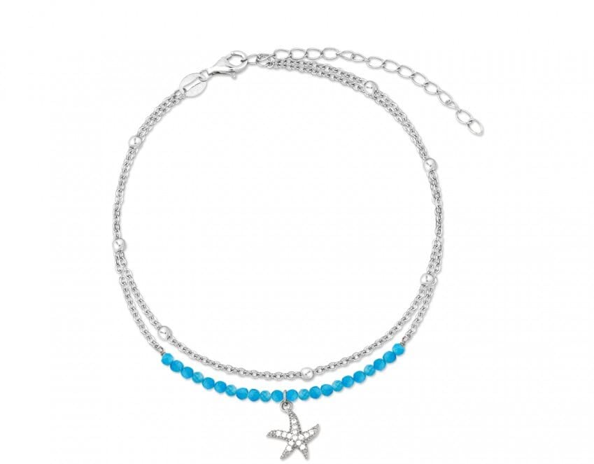 Tourmaline 925 Sterling Silver Anklet Bracelet with Blue Beads and Starfish Pendant Size 21 cm Length and 5 cm Extender