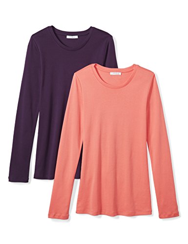 Amazon Brand - Daily Ritual Women's Midweight 100% Supima Cotton Rib Knit Long-Sleeve Crew Neck T-Shirt, 2-Pack, Peach/Deep Purple,Large