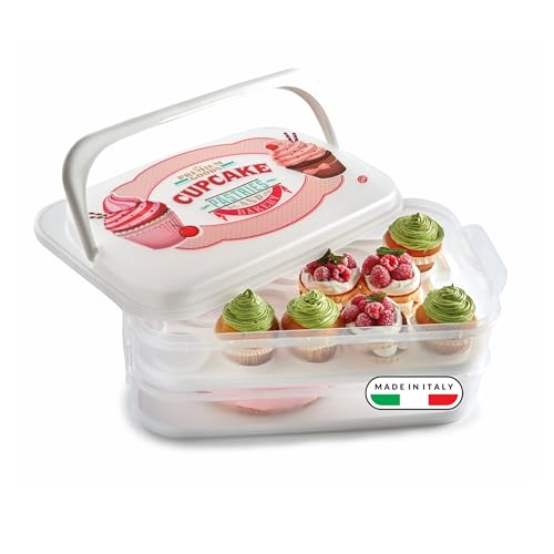 Snips - Porta Cupcake, Muffin e Porta Torta con Coperchio a 2 Contenitori Alimenti Smontabili, 14L - Scatola per 28 Cupcakes, Bignè, Dolcetti e Manico per Trasporto Dolci, Scatole Pasticceria e Feste