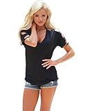 Women's V Neck T Shirts Casual Loose Hollow Out Shoulder Tops Tees Blouses