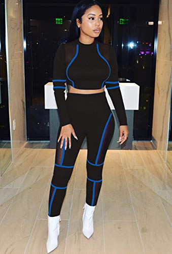 Women Two Piece Outfits - Long Sleeve Sheer Mesh Crop Top Skinny Pants Matching Set Jumpsuit Blue L