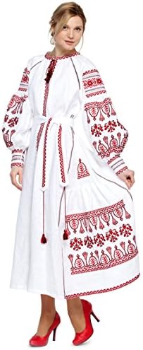 Embroidered Long Dress white woman. Vyshyvanka Ukrainian Boho wedding Dress (XS, 140cm white)