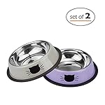 Petfamily Stainless Steel Cat Bowl, Heavy Duty Cats and Dogs Bowls with Non-Skid Rubber Base, Pet Food Bowls, 8 Ounce, Set of 2 (Grey / Lavender)