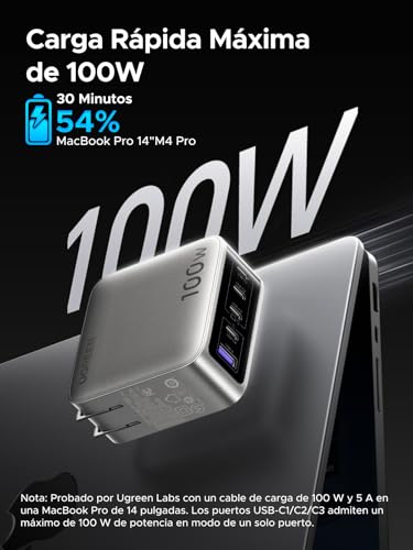 UGREEN Nexode Pro 100W Cargador USB Tipo C 5 Puertos con Pantalla Inteligente, GAN Carga Rápida Adaptador Compatible con Macbook, iPhone 17 Pro Max/17 Pro/Air /17/16/15, Galaxy S26 S25 S24 Ultra, iPad
