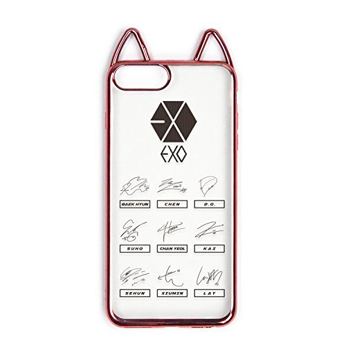 Fanstown kpop electroplate pink frame clear silicon rubber Korean style cute cat ear idol signature iphone7PLUS/iphone8PLUS case (EXO)