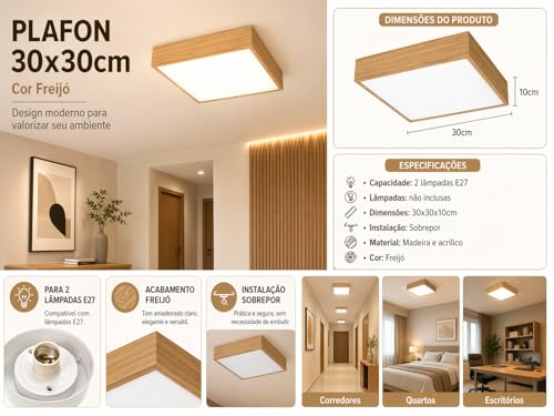 Luminária de Madeira Plafon Teto Quadrado Sobrepor 30cm Freijó Acrílico Branco Leitoso para Sala Quarto Cozinha