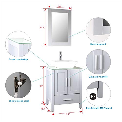 24" Grey Bathroom Vanity Cabinet and Sink Combo Glass Top MDF Wood w/Sink Faucet &Drain set - Thumbnail 3