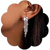 Iaceble Boho Crystal Tassel Chain Earrings Silver Cz Square Stud Earrings Crystal Chandelier Dangle Earrings Long Rhinestone Fringe Earrings Jewelry for Women