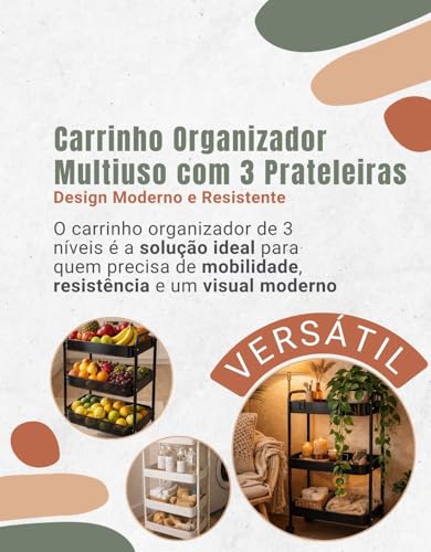 Carrinho Multiuso Organizador 3 Prateleiras em Metal com Rodinhas para Cozinha, Banheiro, Lavanderia e Escritório (Preto)