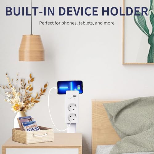 180° Swivel Extendable Power Strip 45-71 cm with 2 Outlets USB-A and USB-C, Extension Plug for Bedside, Desk, Sofa and Office