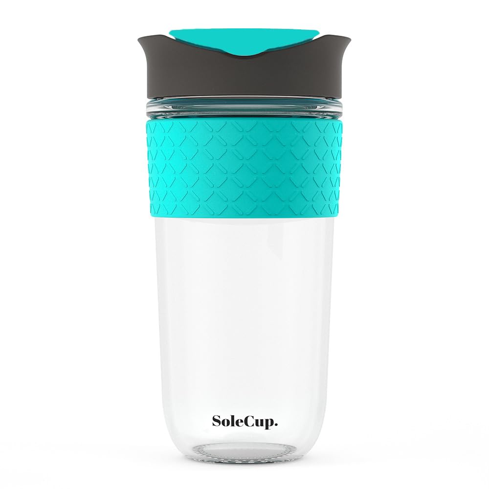 SoleCup. - Reusable Strengthened Glass Travel Cup - Spill Proof Coffee Mug - 18oz/530ml BPA-Free Hot Drink Travel Mug with Lid & Silicone Band (Grey and Blue, 18oz / 530ml)