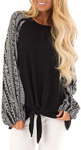 Baiggooswt Fashion Women O-Neck Long Sleeves Printing Splicing Bandage Front Tops Easy Puff Seeve Blouse