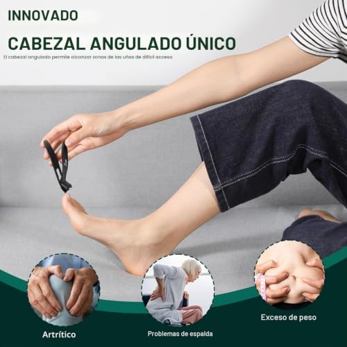 Cortaúñas de cabeza en ángulo para uñas gruesas - cortauñas con recogedor, ergonómico alicates uñas pies de acero inoxidable, cortauñas pies para hombre y mujer grande (negro)