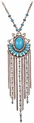 HONGYE JEWELRY Flabellum Retro Carving Turquoise Irregular Tassel Long Necklace (A)